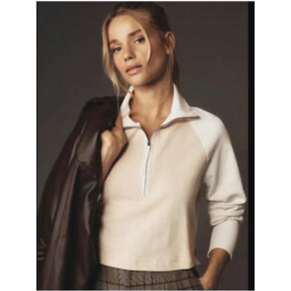 Pilcro Anthropologie Collared Half Zip Pullover M Beige White Colorblock Cotton